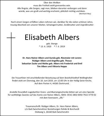 Traueranzeige von Elisabeth Albers von Ruhr Nachrichten