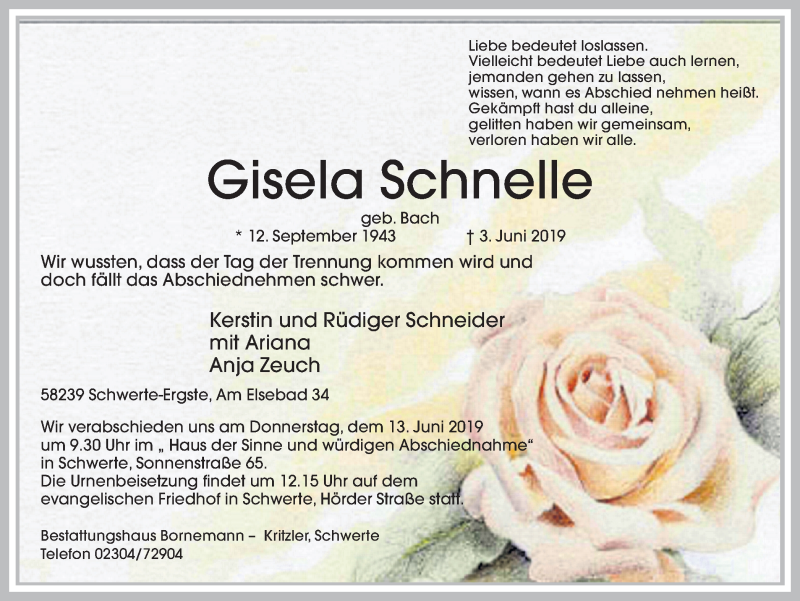  Traueranzeige für Gisela Schnelle vom 08.06.2019 aus Ruhr Nachrichten