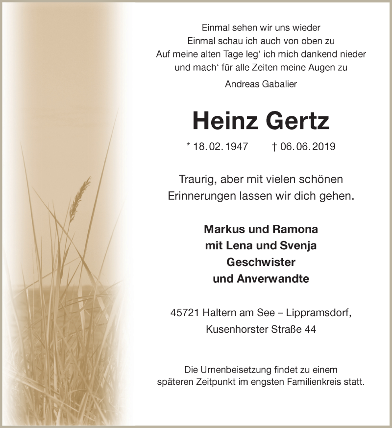  Traueranzeige für Heinz Gertz vom 08.06.2019 aus Ruhr Nachrichten und Halterner Zeitung