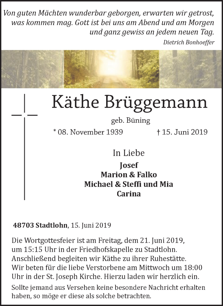  Traueranzeige für Käthe Brüggemann vom 18.06.2019 aus Münstersche Zeitung und Münsterland Zeitung
