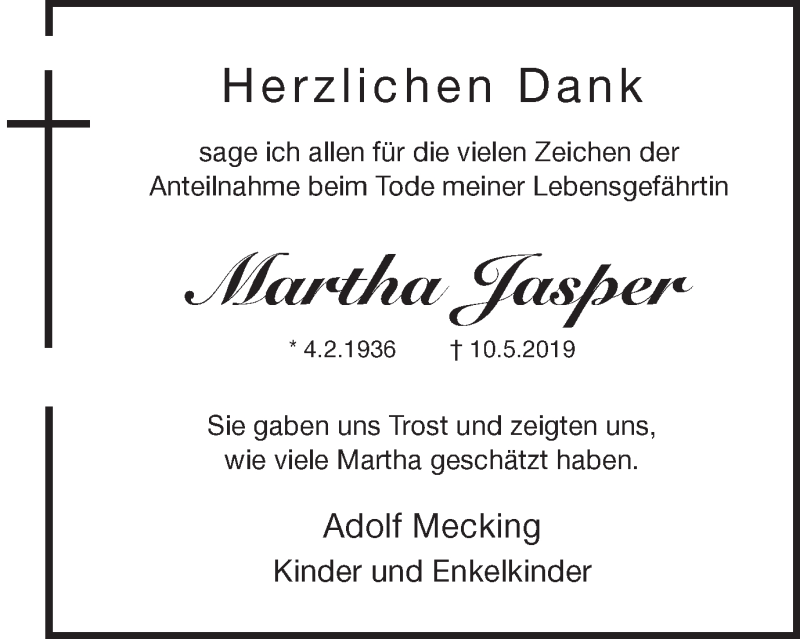  Traueranzeige für Martha Jasper vom 22.06.2019 aus Münstersche Zeitung und Münsterland Zeitung