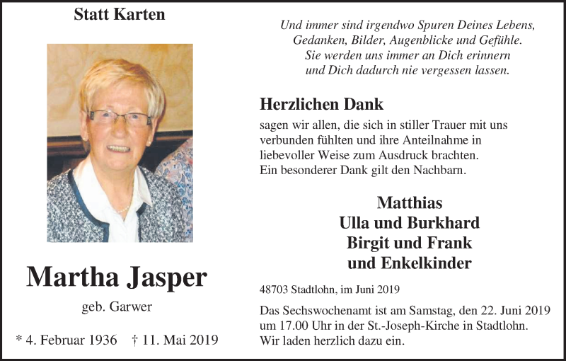  Traueranzeige für Martha Jasper vom 19.06.2019 aus Münstersche Zeitung und Münsterland Zeitung