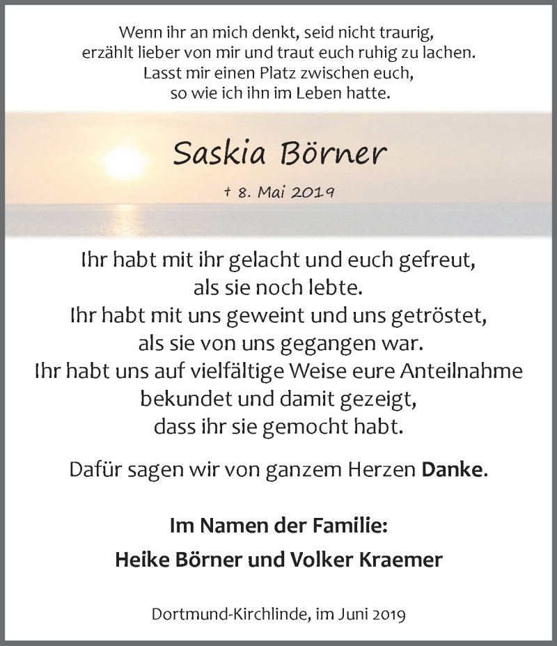  Traueranzeige für Saskia Börner vom 01.06.2019 aus Ruhr Nachrichten