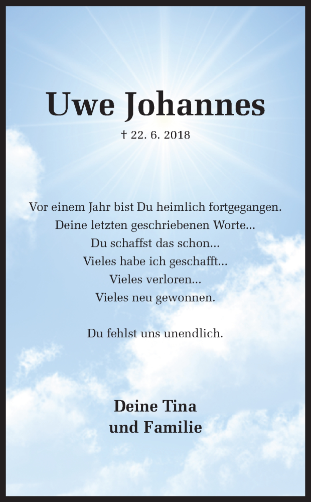  Traueranzeige für Uwe Johannes vom 22.06.2019 aus Ruhr Nachrichten