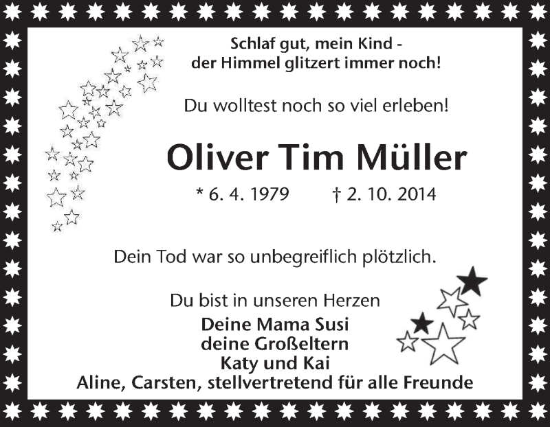  Traueranzeige für Oliver Tim Müller vom 02.10.2015 aus Medienhaus Bauer