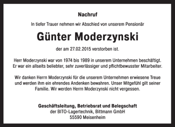 Traueranzeige von Günter Moderzynski von Medienhaus Bauer