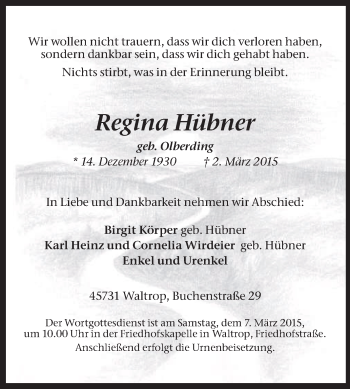 Traueranzeige von Regina Hübner von Medienhaus Bauer