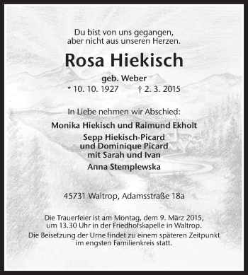 Traueranzeige von Rosa Hiekisch von Medienhaus Bauer