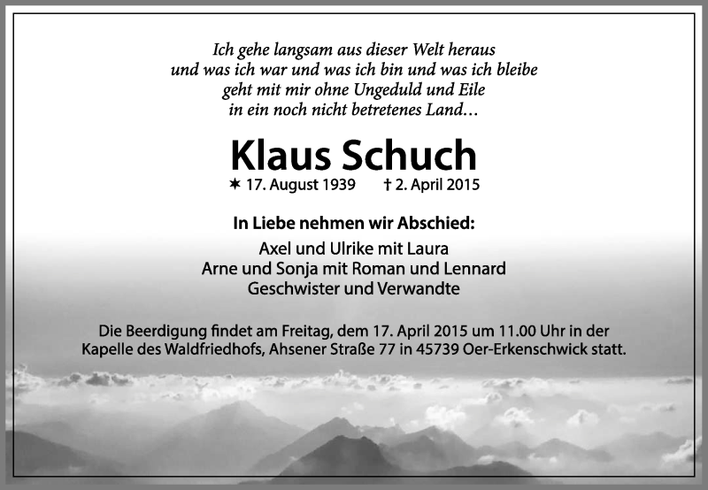  Traueranzeige für Klaus Schuch vom 15.04.2015 aus Medienhaus Bauer