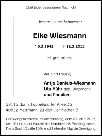 Traueranzeige von Elke Wiesmann von Medienhaus Bauer