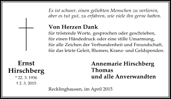 Traueranzeige von Ernst Hirschberg von Medienhaus Bauer