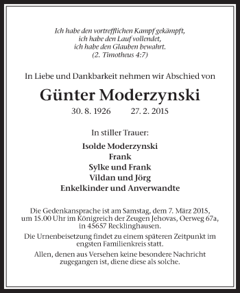 Traueranzeige von Günter Moderzynski von Medienhaus Bauer