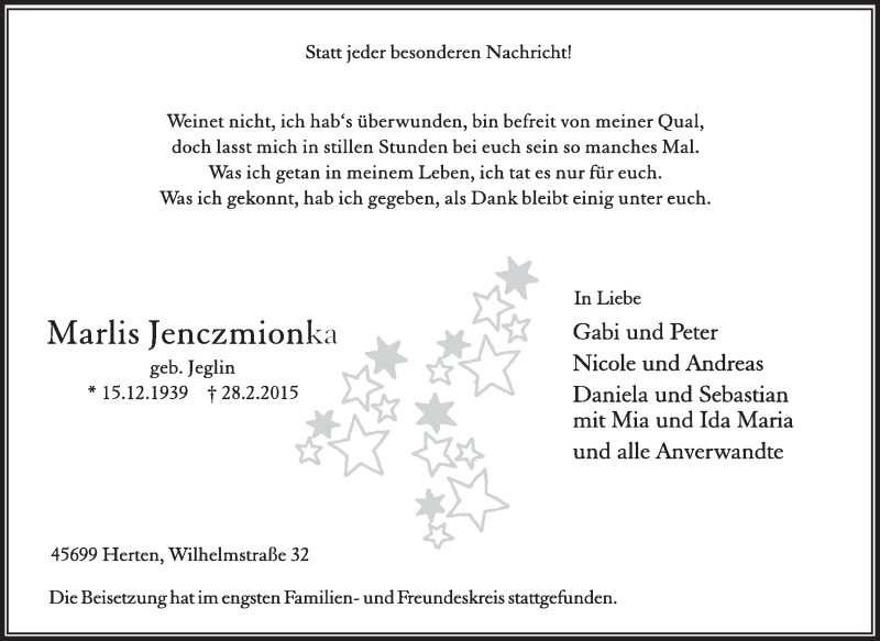  Traueranzeige für Marlis Jenczmionka vom 14.03.2015 aus Medienhaus Bauer