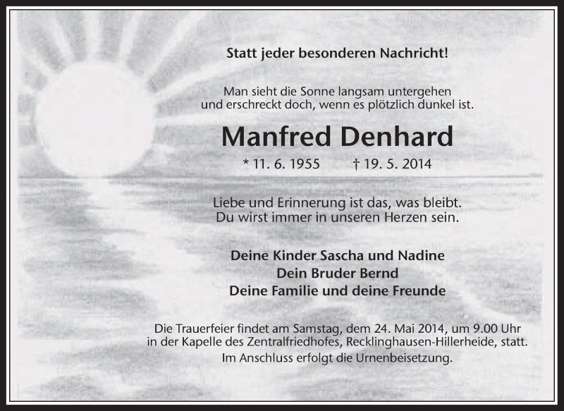  Traueranzeige für Manfred Denhard vom 22.05.2014 aus Medienhaus Bauer