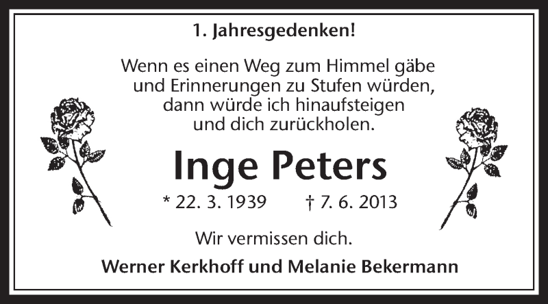  Traueranzeige für Inge Peters vom 07.06.2014 aus Medienhaus Bauer