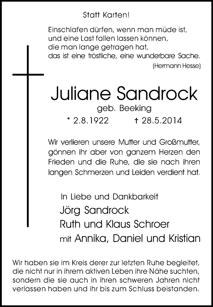 Traueranzeigen Von Juliane Sandrock | Sich-erinnern.de