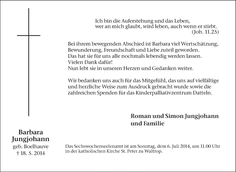  Traueranzeige für Barbara Jungjohann vom 28.06.2014 aus Medienhaus Bauer