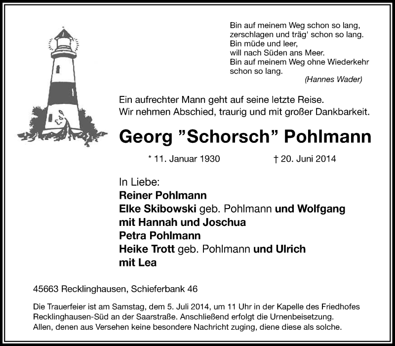  Traueranzeige für Georg  Pohlmann vom 28.06.2014 aus Medienhaus Bauer