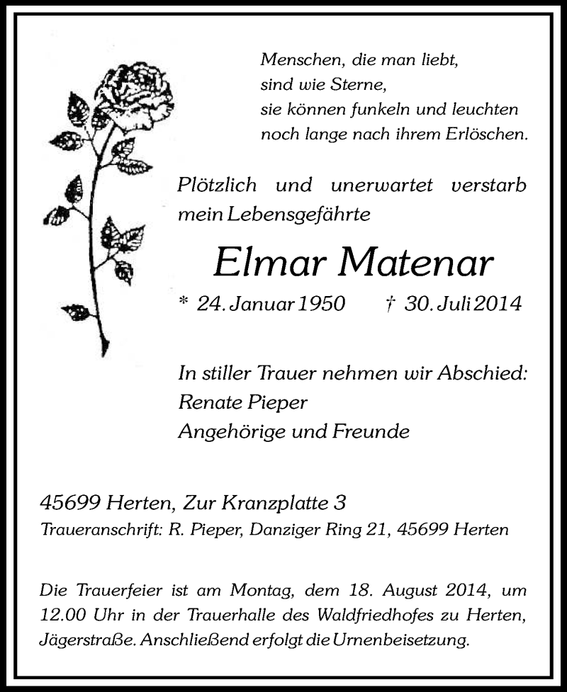 Traueranzeige für Elmar Matenar vom 13.08.2014 aus Medienhaus Bauer