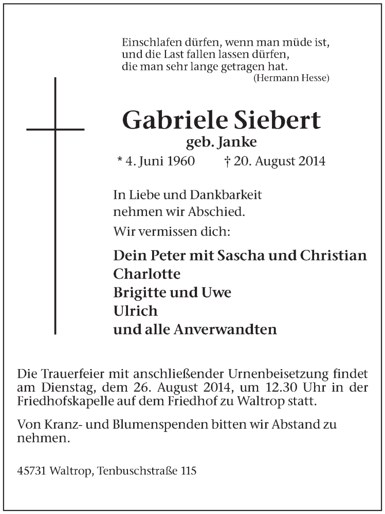  Traueranzeige für Gabriele Siebert vom 22.08.2014 aus Medienhaus Bauer