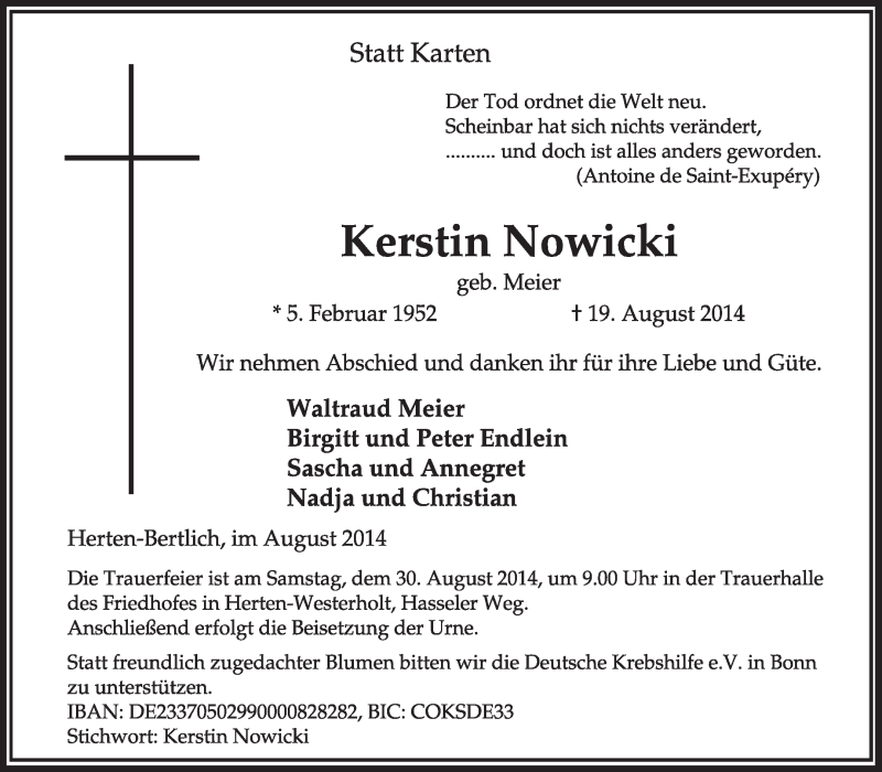  Traueranzeige für Kerstin Nowicki vom 26.08.2014 aus Medienhaus Bauer