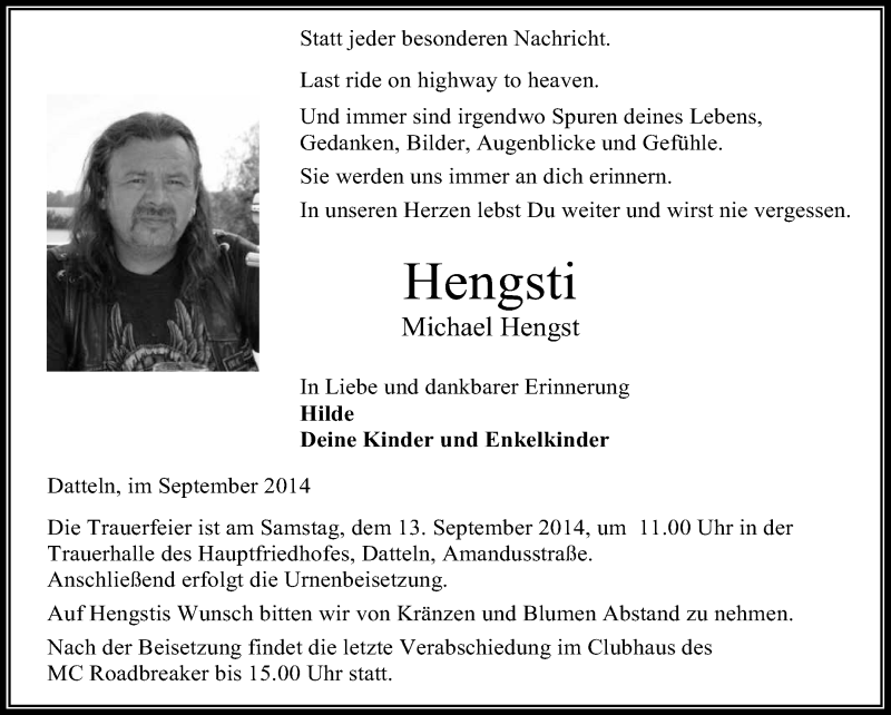  Traueranzeige für Michael Hengst vom 06.09.2014 aus Medienhaus Bauer