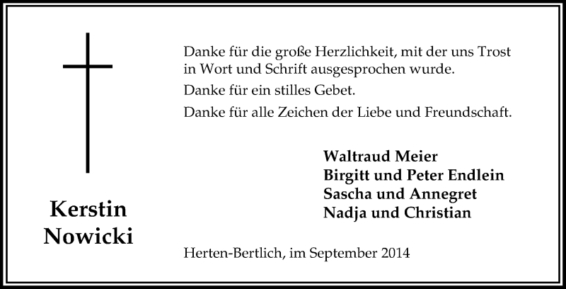  Traueranzeige für Kerstin Nowicki vom 12.09.2014 aus Medienhaus Bauer