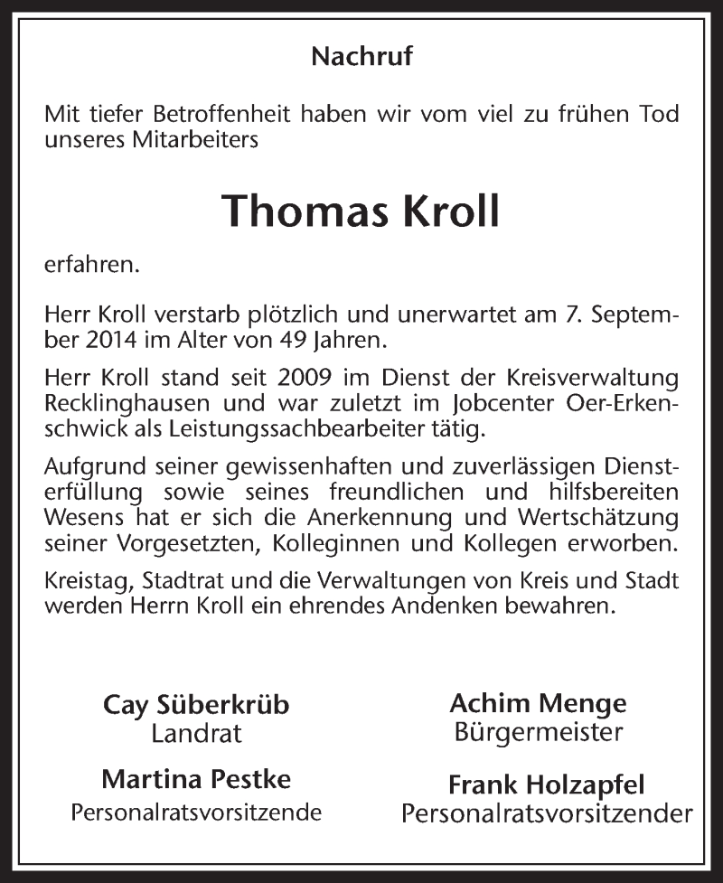 Traueranzeigen von Thomas Kroll | sich-erinnern.de