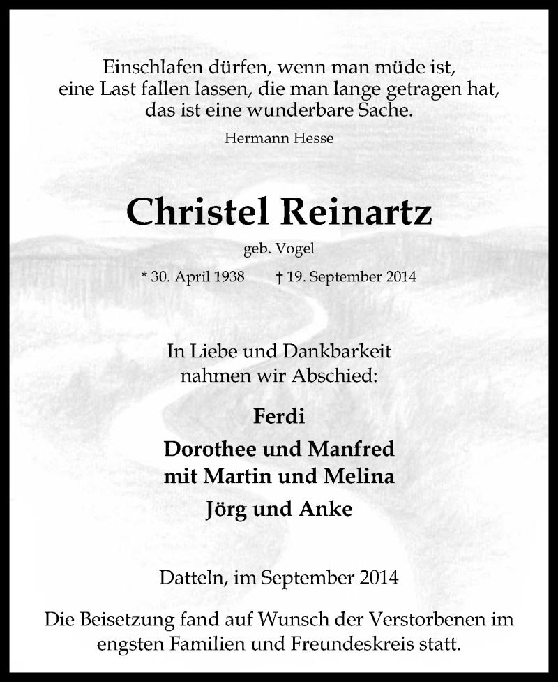  Traueranzeige für Christel Reinartz vom 27.09.2014 aus Medienhaus Bauer