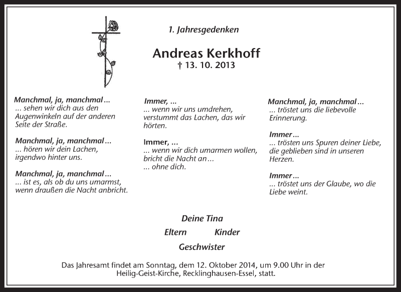  Traueranzeige für Andreas Kerkhoff vom 04.10.2014 aus Medienhaus Bauer