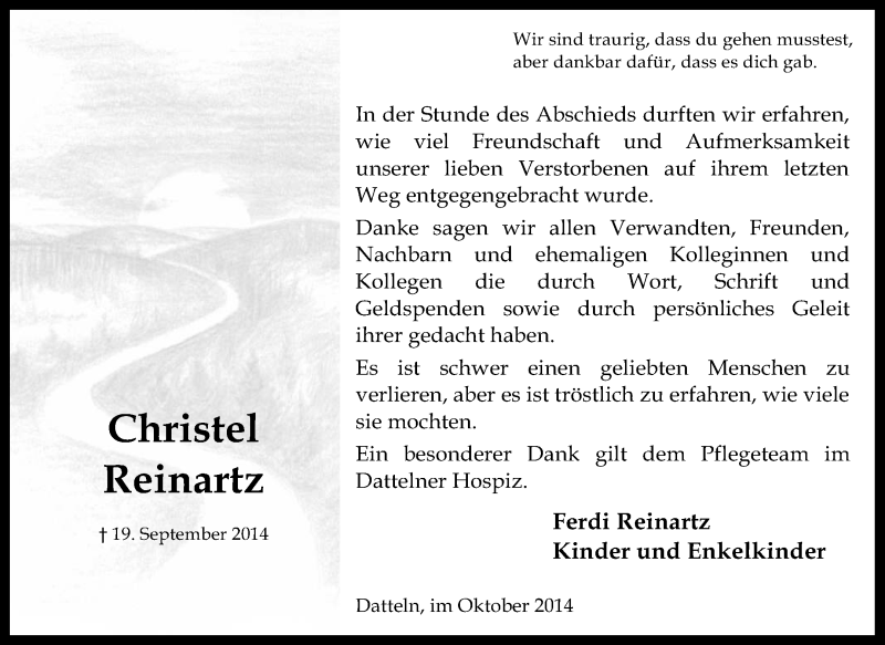  Traueranzeige für Christel Reinartz vom 11.10.2014 aus Medienhaus Bauer