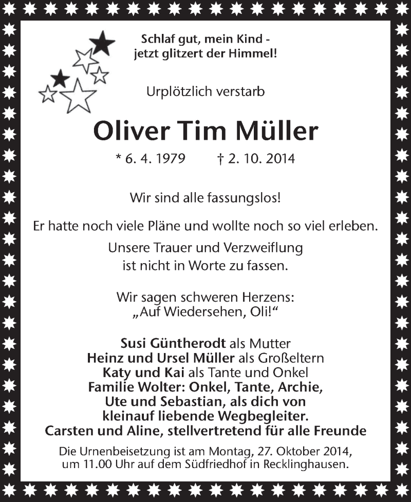  Traueranzeige für Oliver Tim Müller vom 24.10.2014 aus Medienhaus Bauer
