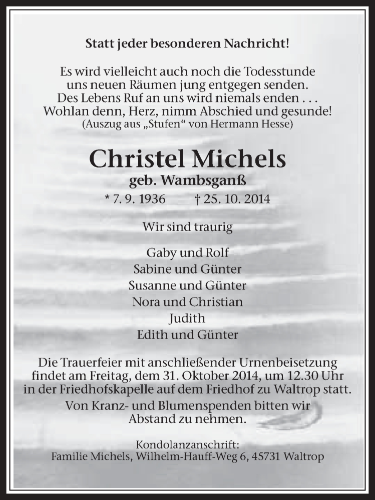  Traueranzeige für Christel Michels vom 28.10.2014 aus Medienhaus Bauer