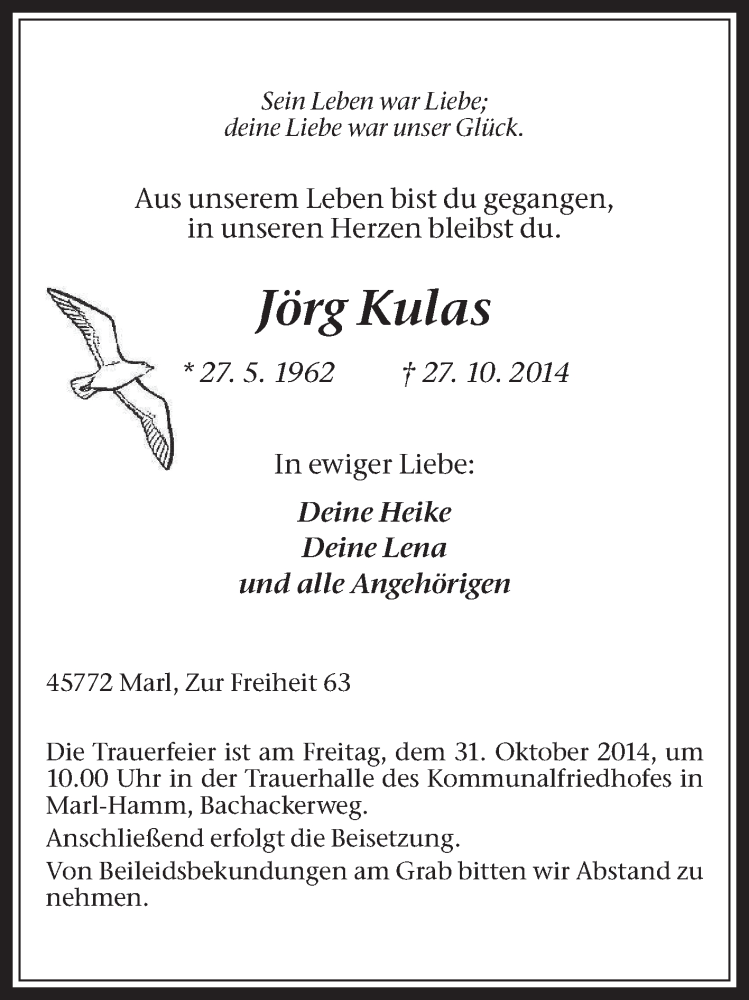  Traueranzeige für Jörg Kulas vom 29.10.2014 aus Medienhaus Bauer