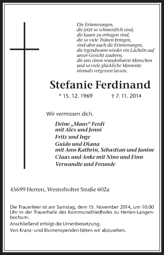  Traueranzeige für Stefanie Ferdinand vom 11.11.2014 aus Medienhaus Bauer
