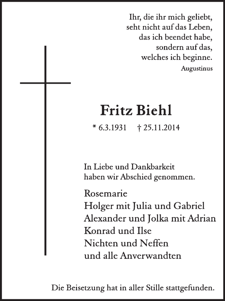  Traueranzeige für Fritz Biehl vom 03.12.2014 aus Medienhaus Bauer