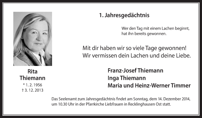  Traueranzeige für Rita Thiemann vom 03.12.2014 aus Medienhaus Bauer