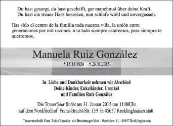 Traueranzeige von Manuela Ruiz González von Medienhaus Bauer