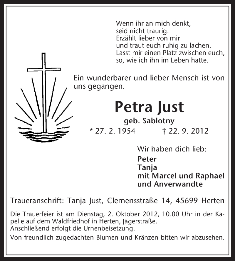  Traueranzeige für Petra Just vom 26.09.2012 aus Medienhaus Bauer