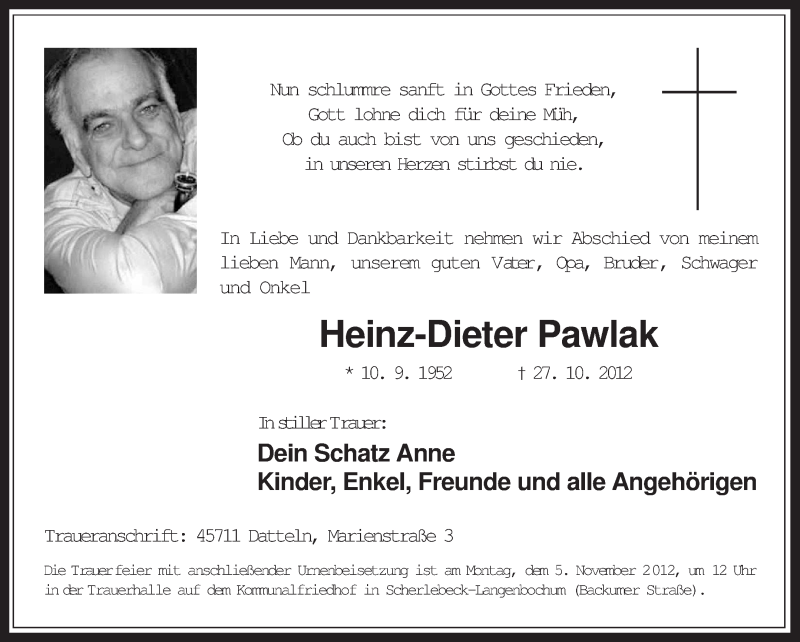  Traueranzeige für Heinz-Dieter Pawlaw vom 31.10.2012 aus Medienhaus Bauer