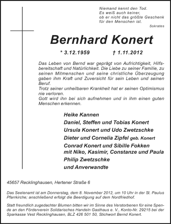 Traueranzeige von Bernhard Konert von Medienhaus Bauer