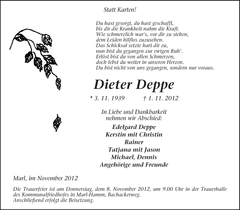  Traueranzeige für Dieter Deppe vom 05.11.2012 aus Medienhaus Bauer