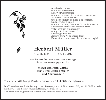 Traueranzeige von Herbert Müller von Medienhaus Bauer