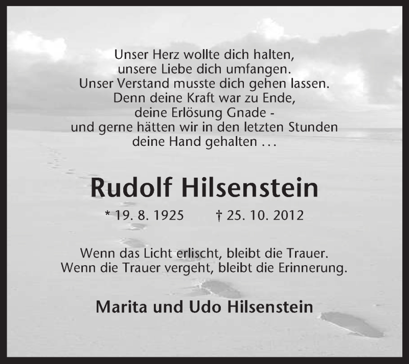  Traueranzeige für Rudolf Hilsenstein vom 17.11.2012 aus Medienhaus Bauer