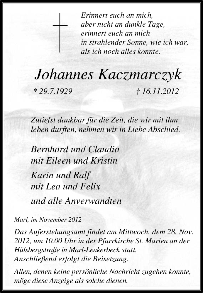  Traueranzeige für Johannes Kaczmarczyk vom 22.11.2012 aus Medienhaus Bauer