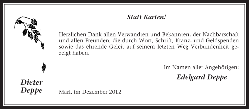  Traueranzeige für Dieter Deppe vom 22.12.2012 aus Medienhaus Bauer