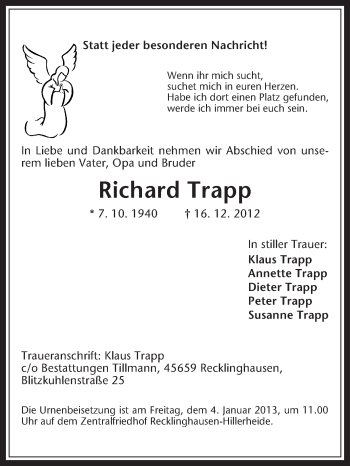 Traueranzeige von Richard Trapp von Medienhaus Bauer