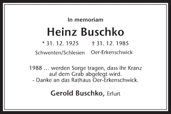 Traueranzeige von Heinz Buschko von Medienhaus Bauer