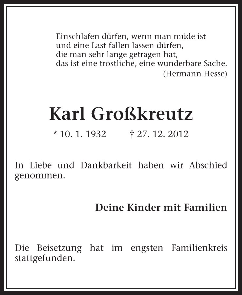  Traueranzeige für Karl Großkreutz vom 07.01.2013 aus Medienhaus Bauer