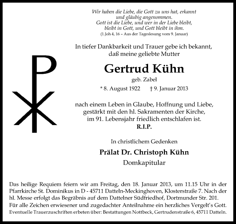  Traueranzeige für Gertrud Kühn vom 12.01.2013 aus Medienhaus Bauer
